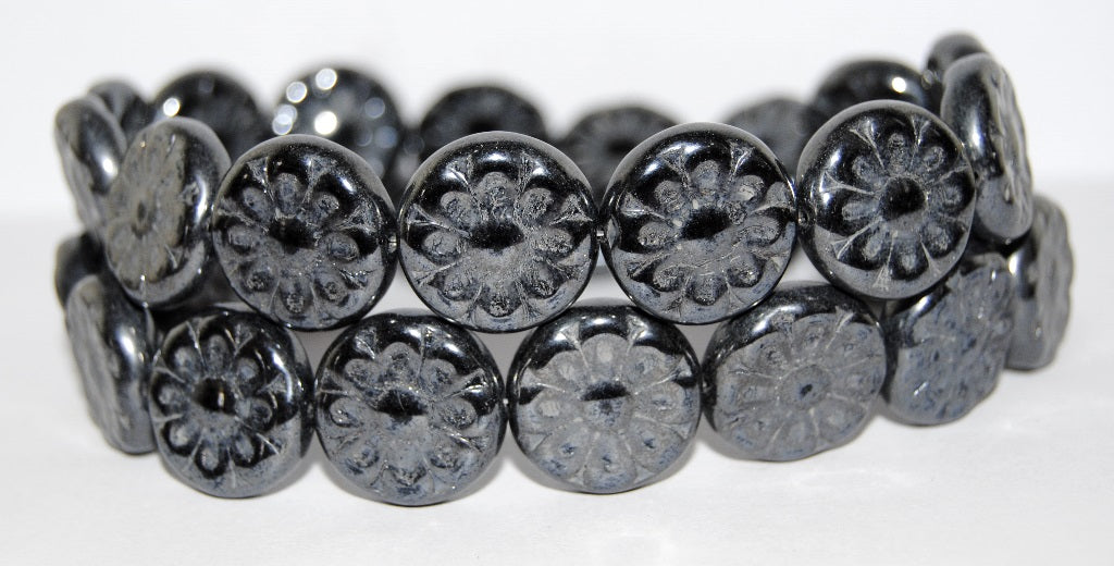 Flat Round With Flower Pressed Glass Beads, Black Hematite (23980 14400), Glass, Czech Republic