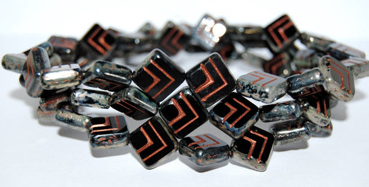 Table Cut Rhomb Beads With Lines, Black 43 55307 (23980 43 55307), Glass, Czech Republic