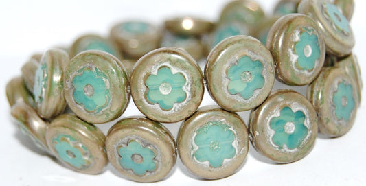 Table Cut Round Beads With Flower, Opal Aqua 43400 (61100 43400), Glass, Czech Republic