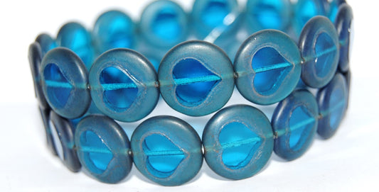 Table Cut Round Beads With Heart, Transparent Aqua 14405 (60040 14405), Glass, Czech Republic