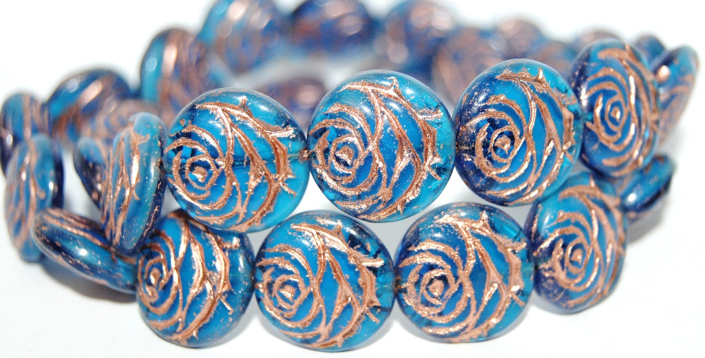 Round Flat Rose Flower Pressed Glass Beads, (6608 54200), Glass, Czech Republic