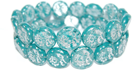 Round Flat With Flower Marguerite Pressed Glass Beads, Crystal Lava 43613 (30 Lava 43613), Glass, Czech Republic