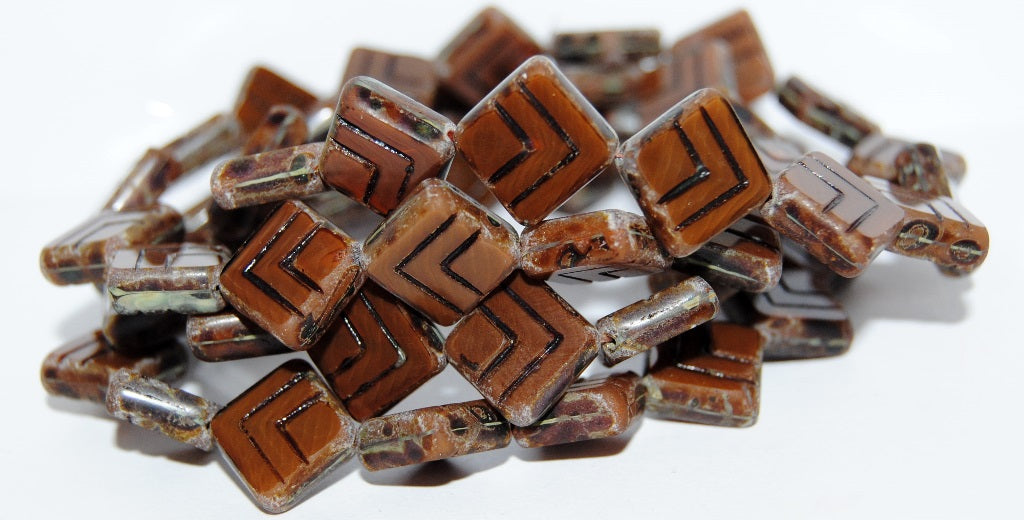 Table Cut Rhomb Beads With Lines, 16616 Travertin Antiq (16616 86800 Antiq), Glass, Czech Republic