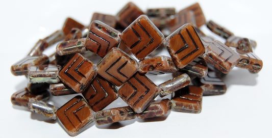 Table Cut Rhomb Beads With Lines, 16616 Travertin Antiq (16616 86800 Antiq), Glass, Czech Republic