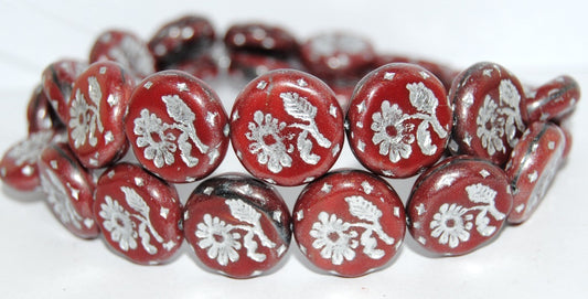 Round Flat With Flower Marguerite Pressed Glass Beads, (26907 54201), Glass, Czech Republic