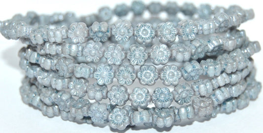 Hawaii Flower Pressed Glass Beads, White Luster Blue Full Coated (2010 14464), Glass, Czech Republic