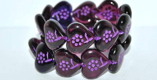 Heart With Simple Flower Pressed Glass Beads, Amethyst Mixed Colors 46420 (Amethyst Mix 46420), Glass, Czech Republic