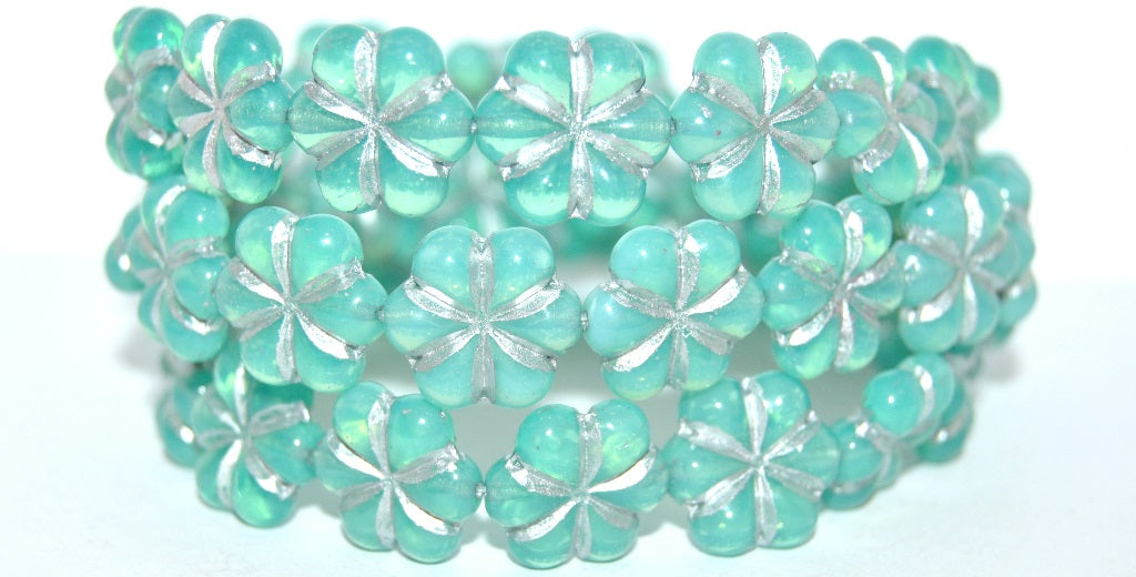 6-Petal Flower Pressed Glass Beads, Opal Aqua 54201 Uranium (61100 54201 Uranium), Glass, Czech Republic