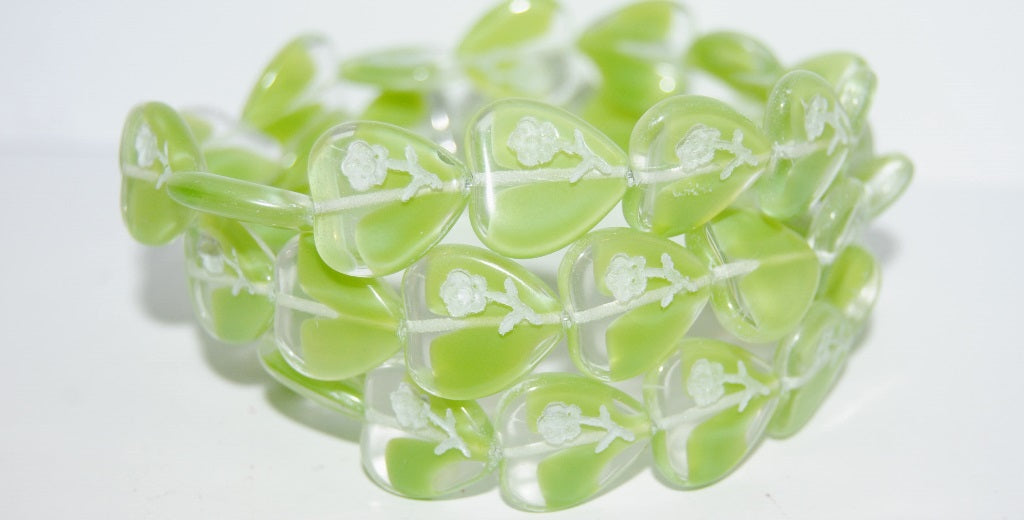Heart Pressed Glass Beads With Flower, (56028 46401), Glass, Czech Republic