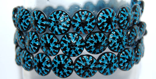 Round Flower Edelweiss Pressed Glass Beads, Black 46460 (23980 46460), Glass, Czech Republic