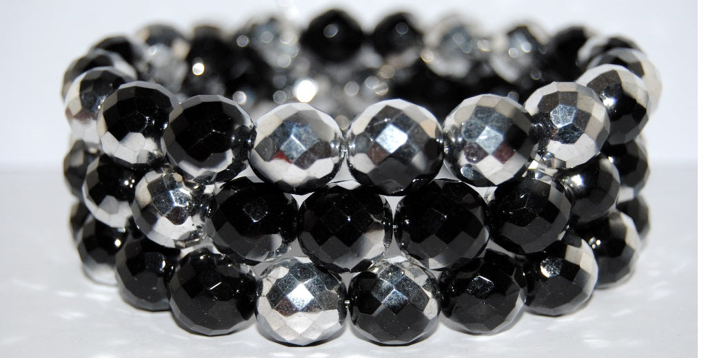 Fire Polished Round Faceted Beads, Black Crystal Silver Half Coating (23980 27001), Glass, Czech Republic