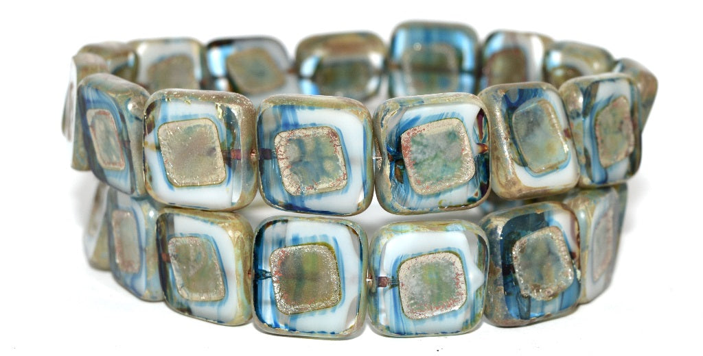 Table Cut Square Beads With Turned Square, Light Blue White Delay 43400 (65016 43400), Glass, Czech Republic