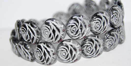 Round Flat Rose Flower Pressed Glass Beads, (26998 54201), Glass, Czech Republic