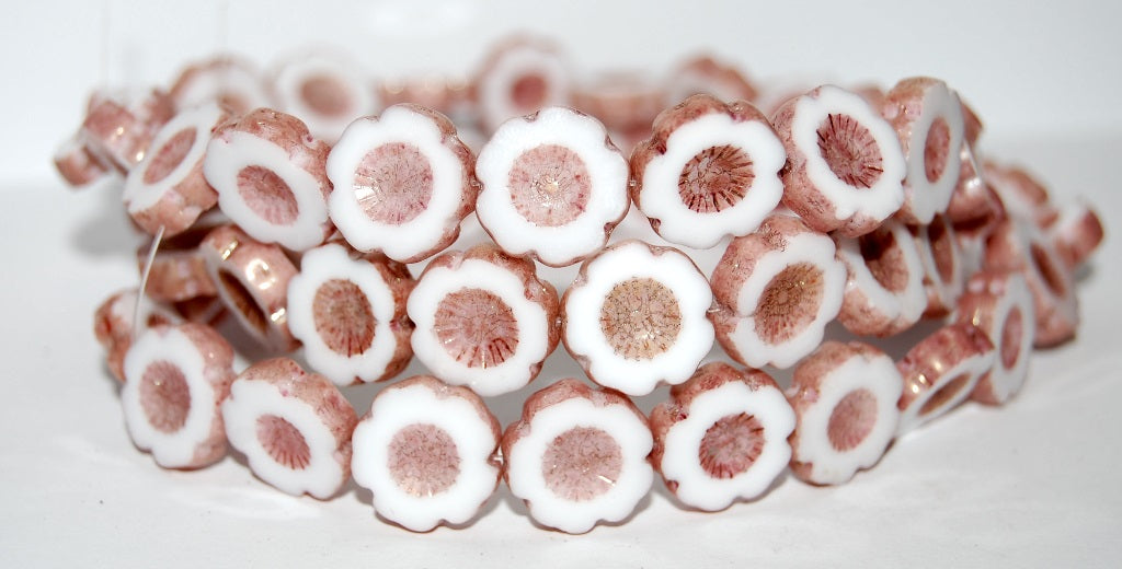 Table Cut Round Beads Hawaii Flowers, Chalk White Luster Red Full Coated (3000 14495), Glass, Czech Republic