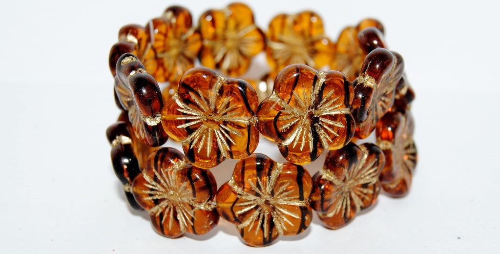 Round Flower Hibiskus Pressed Glass Beads, (18016 54202), Glass, Czech Republic