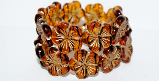 Round Flower Hibiskus Pressed Glass Beads, (18016 54202), Glass, Czech Republic