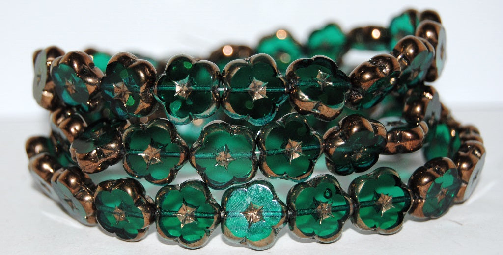 Table Cut Flower Beads, Transparent Green Emerald Bronze (50720 14415), Glass, Czech Republic