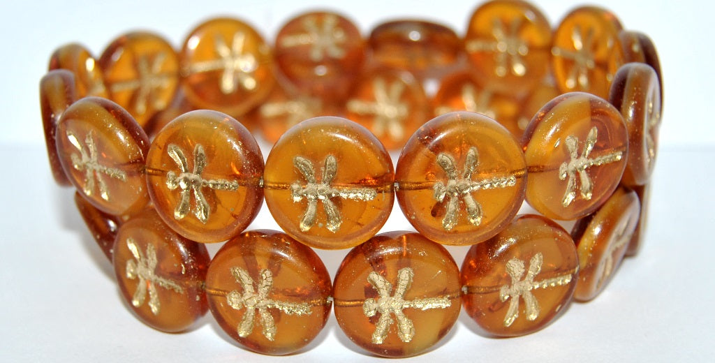 Round Flat Wit Dragonfly Pressed Glass Beads, (6208 54202), Glass, Czech Republic