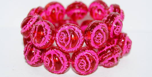 Round With Rose Flower Pressed Glass Beads, Opal Pink 46470 (71010 46470), Glass, Czech Republic