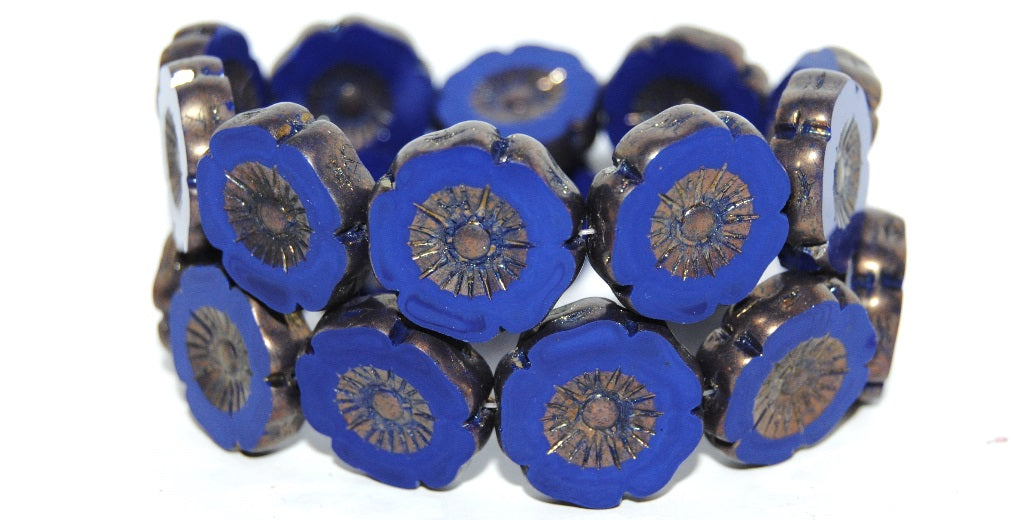 Table Cut Round Beads Hawaii Flowers, Opaque Blue Bronze (33070 14415), Glass, Czech Republic