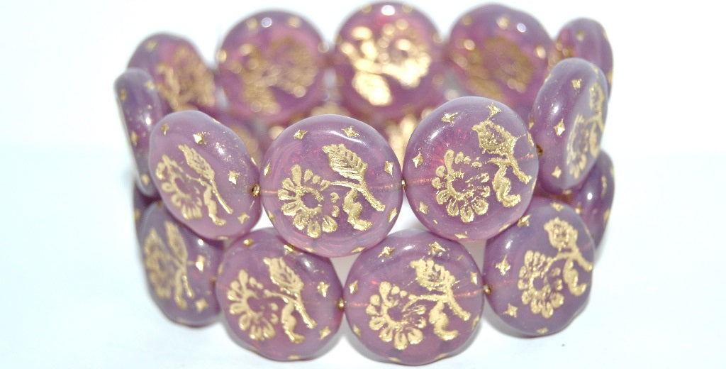 Round Flat With Flower Marguerite Pressed Glass Beads, (71010B 54202), Glass, Czech Republic