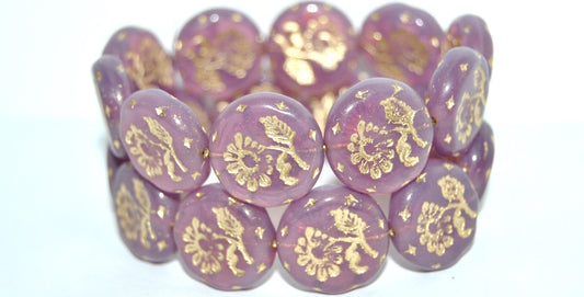 Round Flat With Flower Marguerite Pressed Glass Beads, (71010B 54202), Glass, Czech Republic