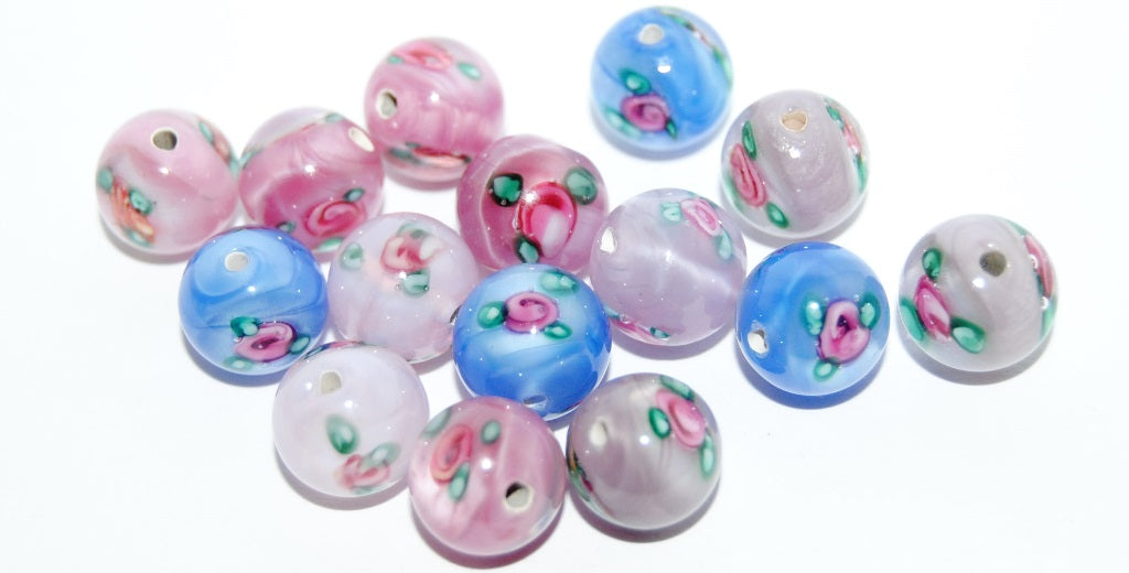 Czech Glass Hand Made Round Lampwork Beads With Flower, (10 P), Glass, Czech Republic