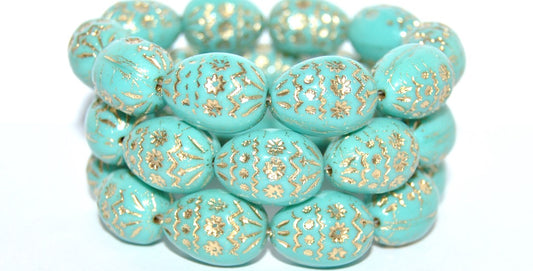 Oval Egg With Decor Pressed Glass Beads, Turquoise 54202 (63130 54202), Glass, Czech Republic