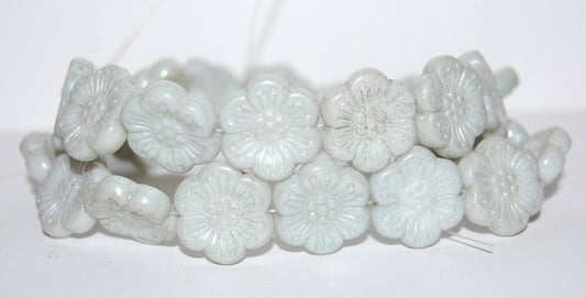Flower Pressed Glass Beads, White Luster Green Full Coated (2010 14457), Glass, Czech Republic