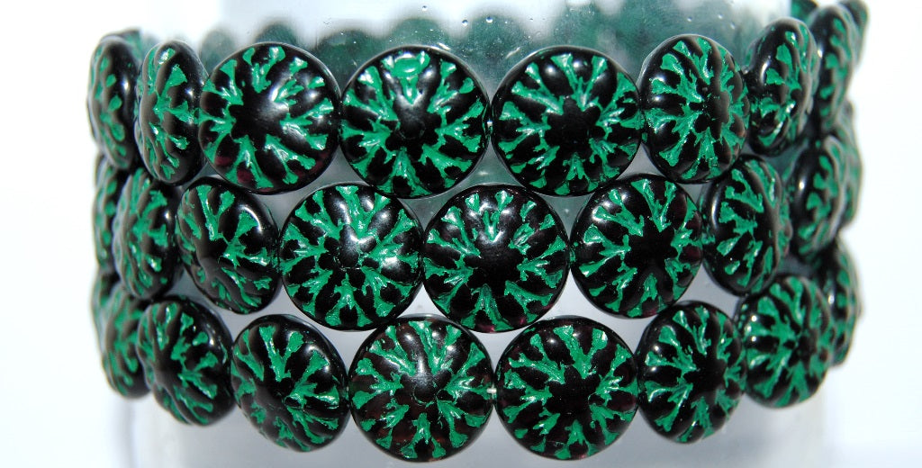 Round Flower Edelweiss Pressed Glass Beads, Black 46450 (23980 46450), Glass, Czech Republic