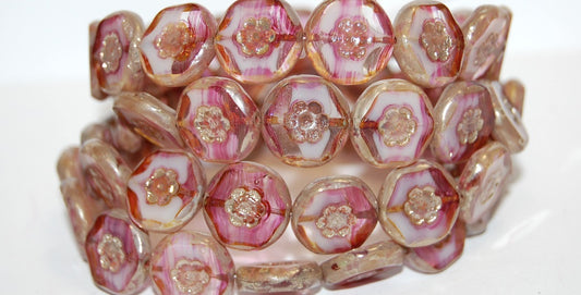 Table Cut Round Beads With Flower, (75014 43400), Glass, Czech Republic