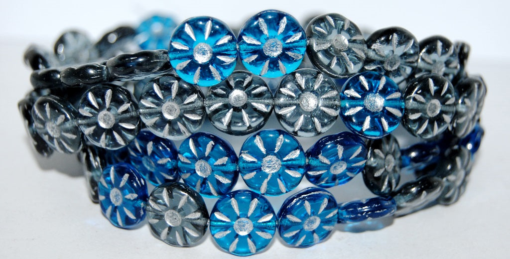 Flower Pressed Glass Beads, Mixed Colors Blue 54201 (Mix Blue 54201), Glass, Czech Republic
