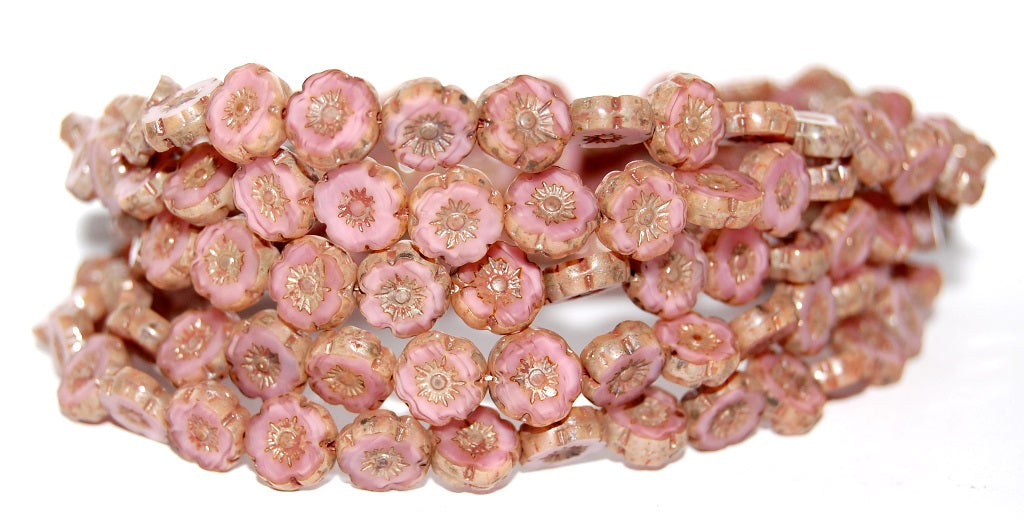 Table Cut Round Beads Hawaii Flowers, Opaque Pink 43400 (74020 43400), Glass, Czech Republic