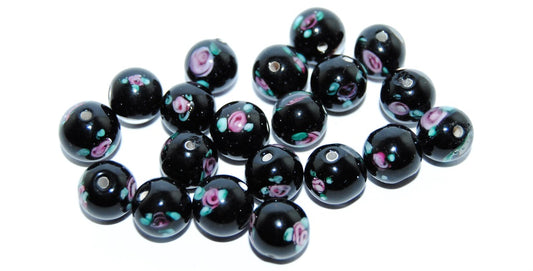 Czech Glass Hand Made Round Lampwork Beads With Flower, (10 J), Glass, Czech Republic