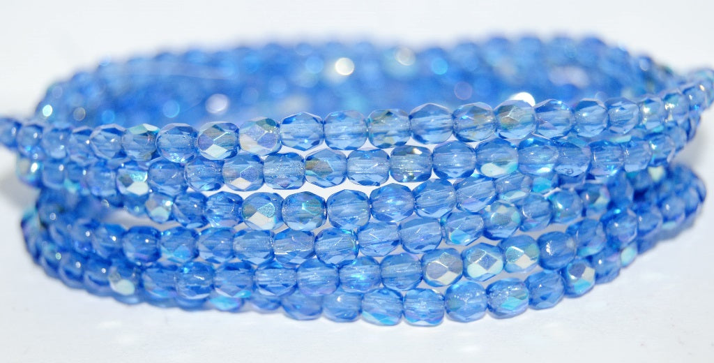Fire Polished Round Faceted Beads, Transparent Blue Ab (30080 Ab), Glass, Czech Republic