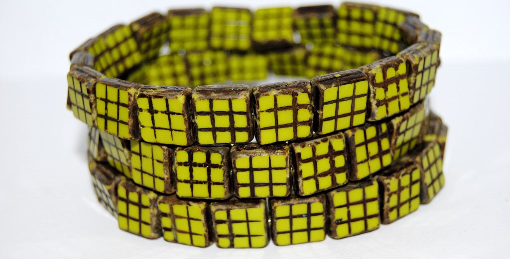 Table Cut Square Beads With Grid, Opaque Green Travertin (53400 86800), Glass, Czech Republic
