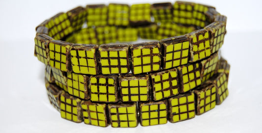 Table Cut Square Beads With Grid, Opaque Green Travertin (53400 86800), Glass, Czech Republic