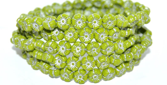 Hawaii Flower Pressed Glass Beads, Opaque Green 54201 (53410 54201), Glass, Czech Republic