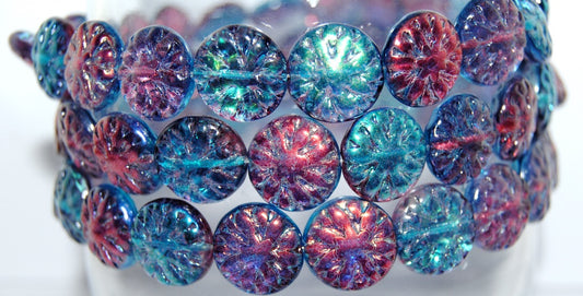 Round Flower Edelweiss Pressed Glass Beads, Crystal 48113 (30 48113), Glass, Czech Republic