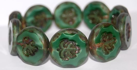 Table Cut Round Beads With Leaf, 56100 Travertin (56100 86800), Glass, Czech Republic