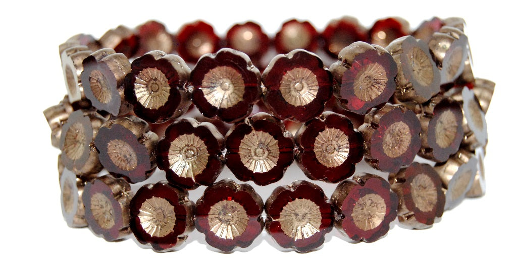 Table Cut Round Beads Hawaii Flowers, Transparent Red Bronze (90100 14415), Glass, Czech Republic