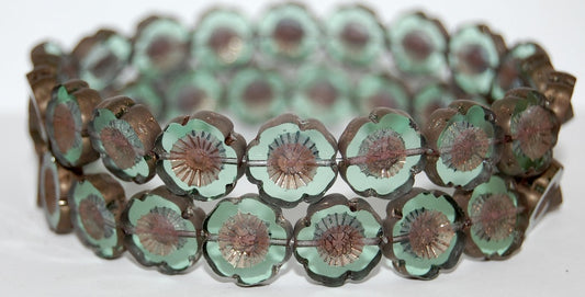 Table Cut Round Beads Hawaii Flowers, Transparent Green Bronze Matte (50500 14415M), Glass, Czech Republic