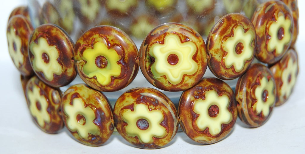 Table Cut Round Beads With Flower, 87553 Travertin (87553 86800), Glass, Czech Republic