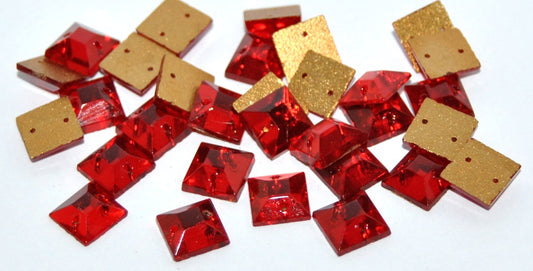 Cabochons Square Faceted Flat Back Sew-On With 2 Holes, (Siam Ruby Similization), Glass, Czech Republic
