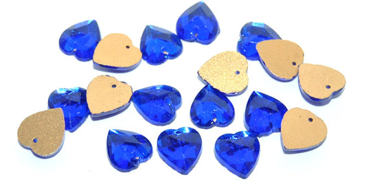 Cabochons Hearts Faceted Flat Back Sew-On With Hole, (Saphire Similization), Glass, Czech Republic