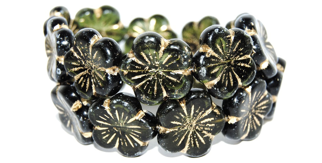 Round Flower Hibiskus Pressed Glass Beads, Transparent Green 54202 (50250 54202), Glass, Czech Republic