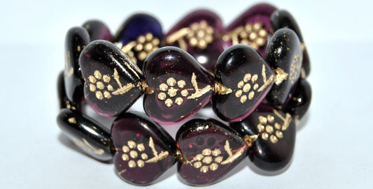 Heart With Simple Flower Pressed Glass Beads, Amethyst Mixed Colors 54202 (Amethyst Mix 54202), Glass, Czech Republic