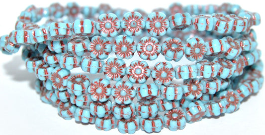 Hawaii Flower Pressed Glass Beads, Turquoise Blue 43806 Metalic (63030 43806 Metalic), Glass, Czech Republic