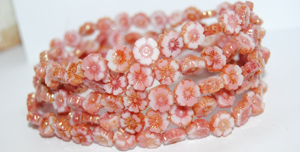 Table Cut Round Beads Hawaii Flowers, 740202010 Luster Red Full Coated (740202010 14495), Glass, Czech Republic