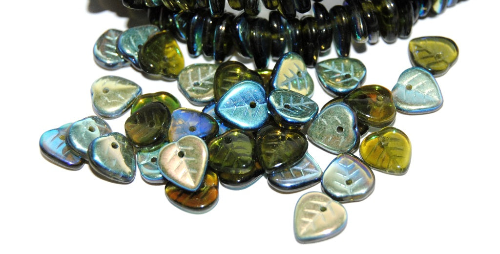 Lilac Leaf Pressed Glass Beads, Transparent Green Ab (50230 Ab), Glass, Czech Republic